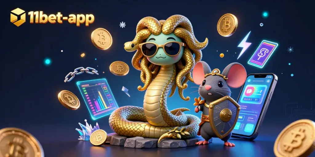 A vibrant illustration promoting 11bet-app, featuring Medusa and a mouse amidst glowing casino elements, symbolizing an exciting betting experience.