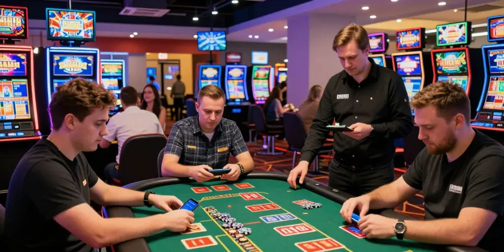 Identifikation itsme Casino Belgien in einem modernen Casino mit Spielern, die die itsme App zur Identifizierung nutzen.