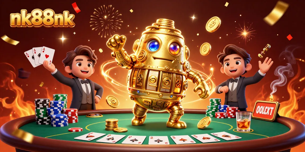 Play exciting games at nk88nk, featuring a golden golem among poker elements and vibrant celebration.