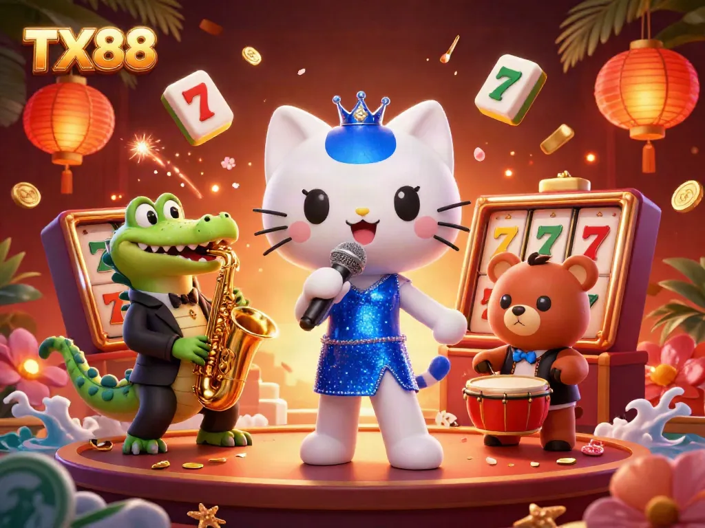Engage in exciting gameplay at TX88 with a lively 3D scene showcasing colorful casino elements.