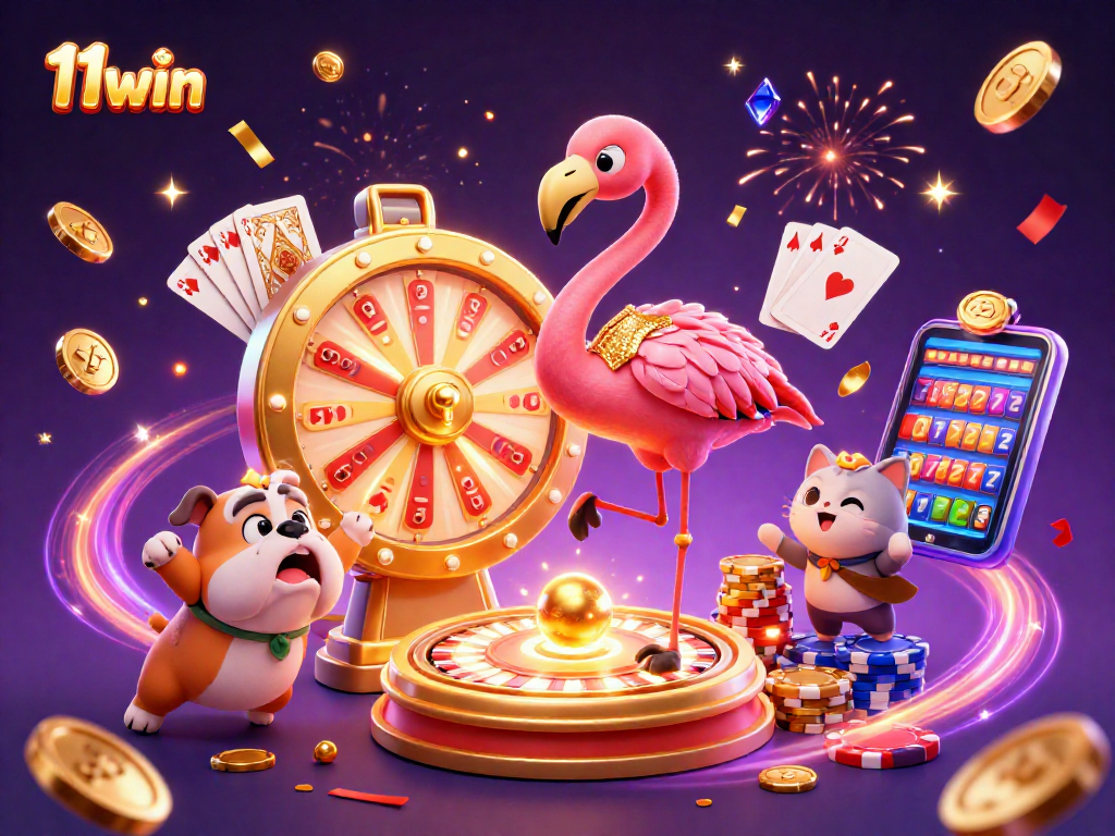 Experience the thrill of 11win with vibrant characters and exciting casino elements in a dynamic 3D illustration.