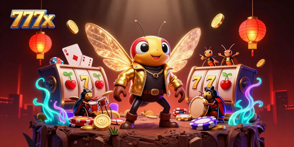 Engage with 777x, featuring a vibrant rock star cicada in a thrilling casino setting.