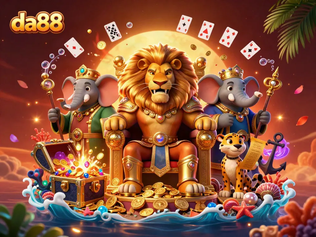 Experience high-stakes excitement with da88 in this vibrant casino underwater scene featuring captivating characters and treasure.