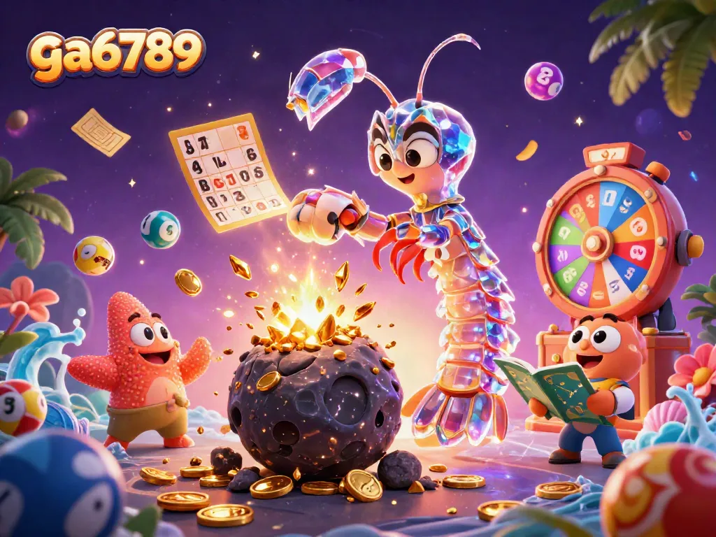 Engage in thrilling action with ga6789 as a colorful galactic mantis shrimp explodes an asteroid showering gems and coins.