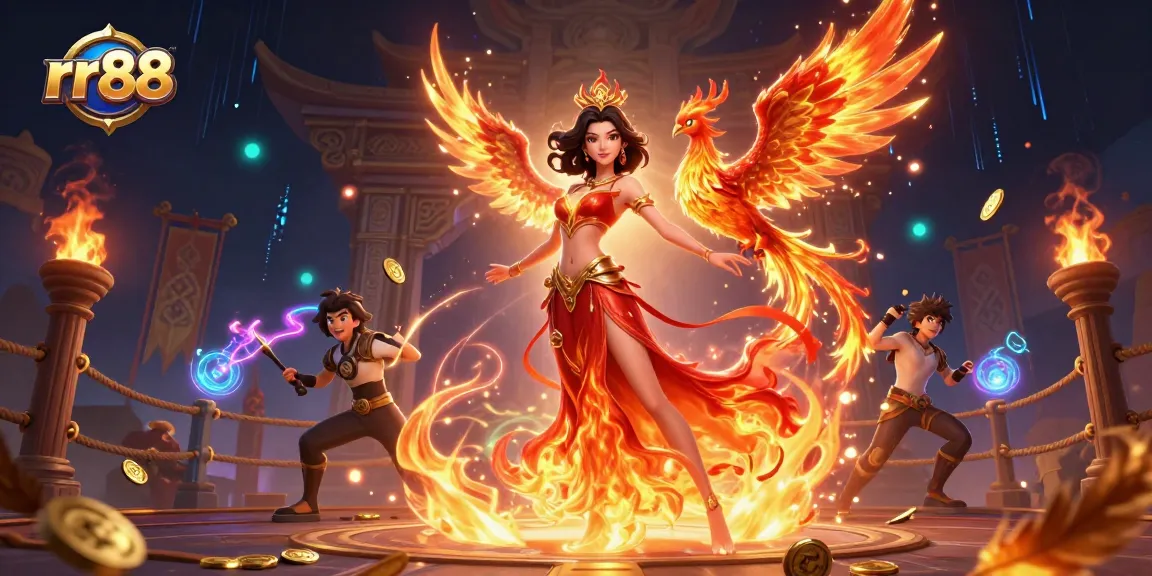 Experience the excitement of rr88 with stunning visuals of a casino-themed 3D illustration depicting a fiery character with magical elements.
