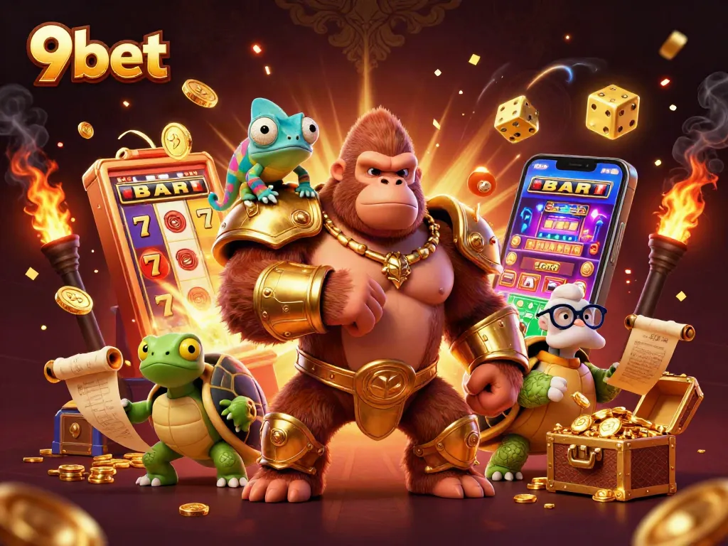 Experience thrilling 9bet gaming with a powerful gorilla king, vibrant casino elements, and more.