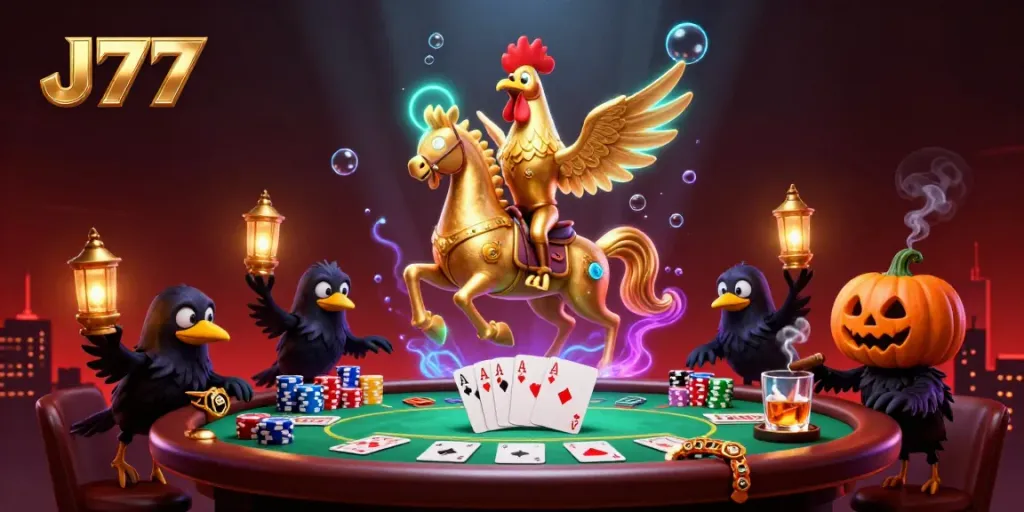 Experience J77 with vibrant casino elements like poker tables and glowing characters in action.