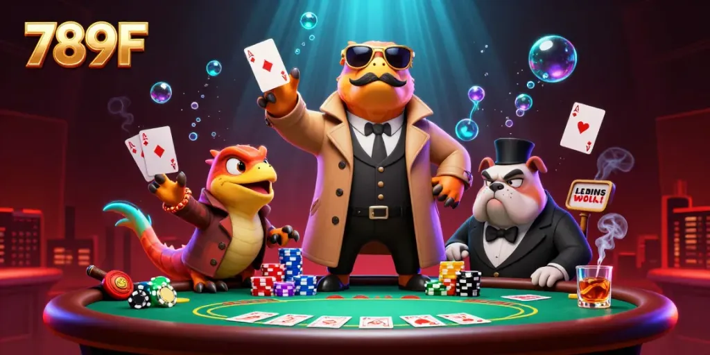 Engage with thrilling gameplay at 789F, featuring raptors in disguise entering a VIP casino scene.