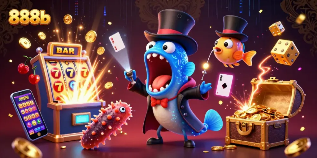 Engaging 888b illustration showcasing casino thrills with a magician eel, topped anglerfish, and explosive jackpots.
