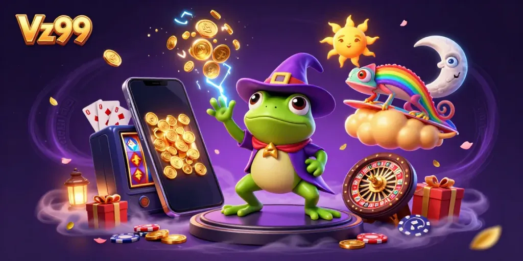 Engage with Vz99 as the wizard frog conjures gold coins amidst thrilling casino gameplay.