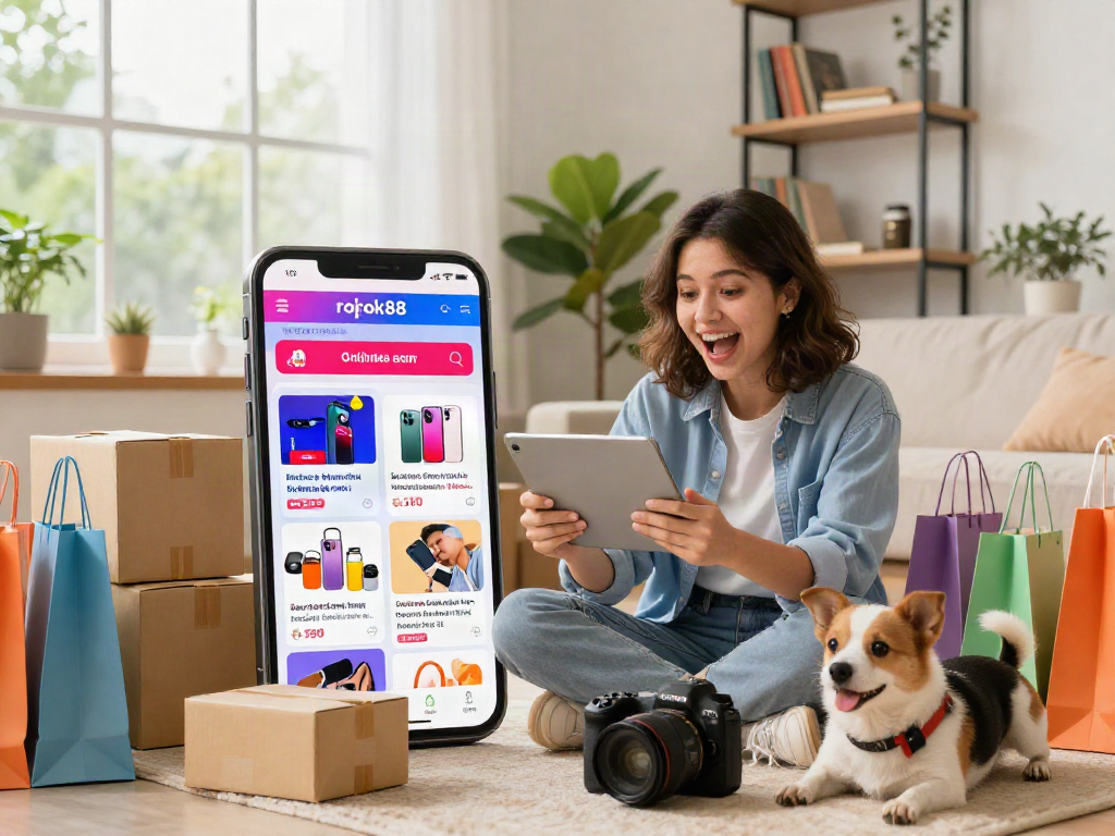 Shopper excitedly using the rokok88 link on a tablet in a vibrant e-commerce setup.