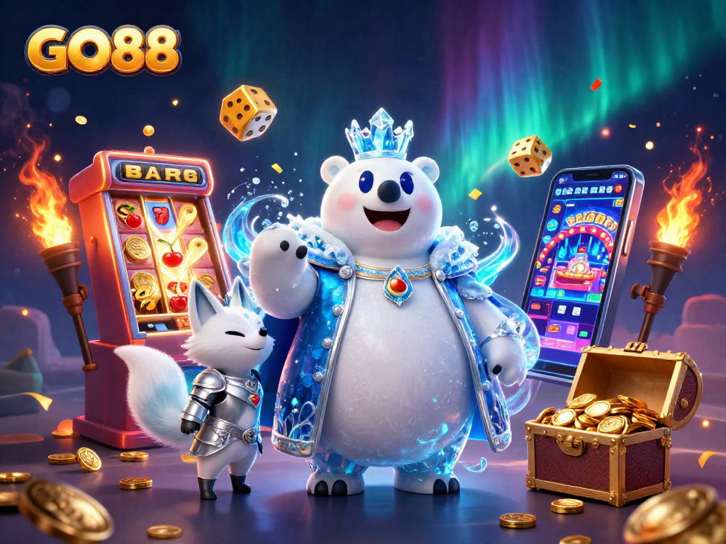 Spin the GO88 slots with the ice king and snow fox in a magical casino setting.