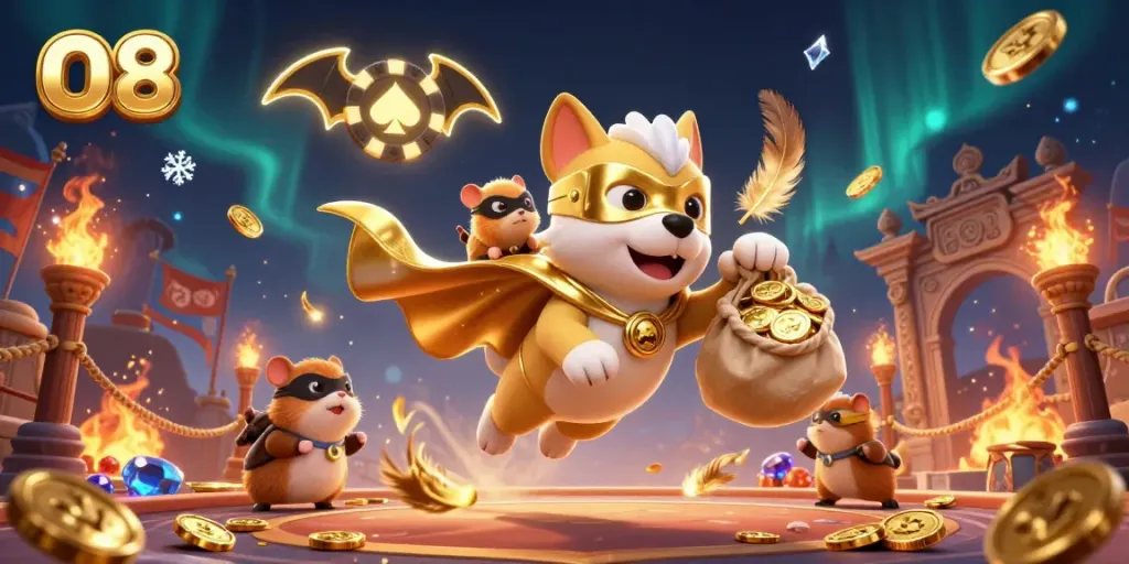 O8's superhero dog and hamster duo celebrating casino wins amidst gold coins and vibrant 3D elements.