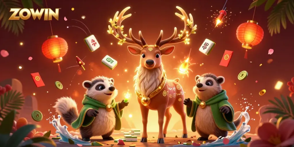 ZOWIN showcases a dynamic casino gaming scene with illuminated game elements and vibrant characters.