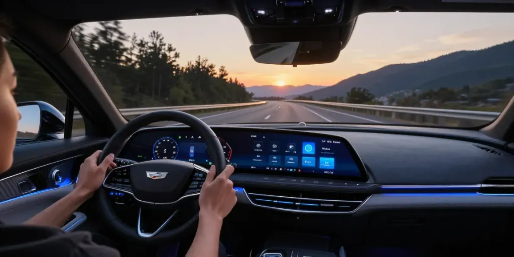 Do the Driving Modes in the Cadillac Lyriq Offer Different Ranges or Battery Usages? Overview of driving modes with the Lyriq's dashboard illuminated during a scenic drive.
