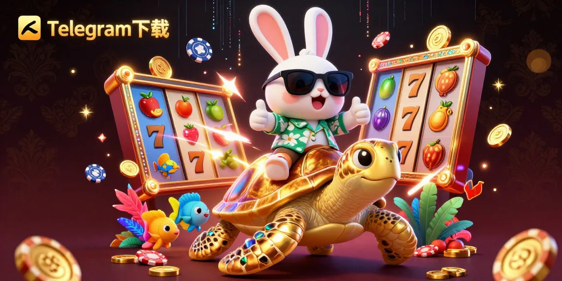 在充满活力的赌场场景中,享受Telegram下载,同时转动卷轴,旁边是卡通幸运兔和金色乌龟。