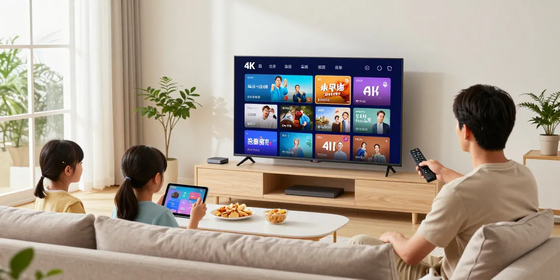 Familie schaut IPTV kaufen in 4K Qualität auf modernem Smart-TV im Wohnzimmer.