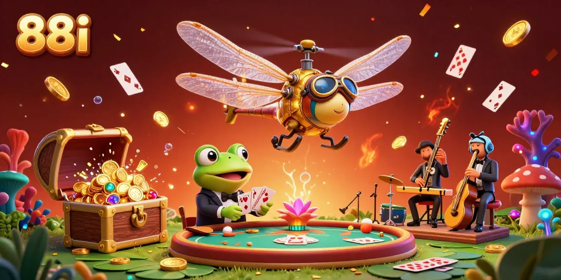 Experience thrilling gameplay at 88i's vibrant lily pad casino scene with unique characters and festive elements.