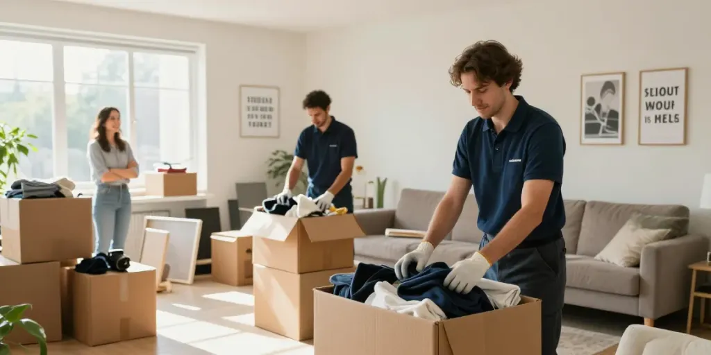 Professionelles Team bei der Wohnungsentrümpelung Wien in einem hellen Wohnzimmer.