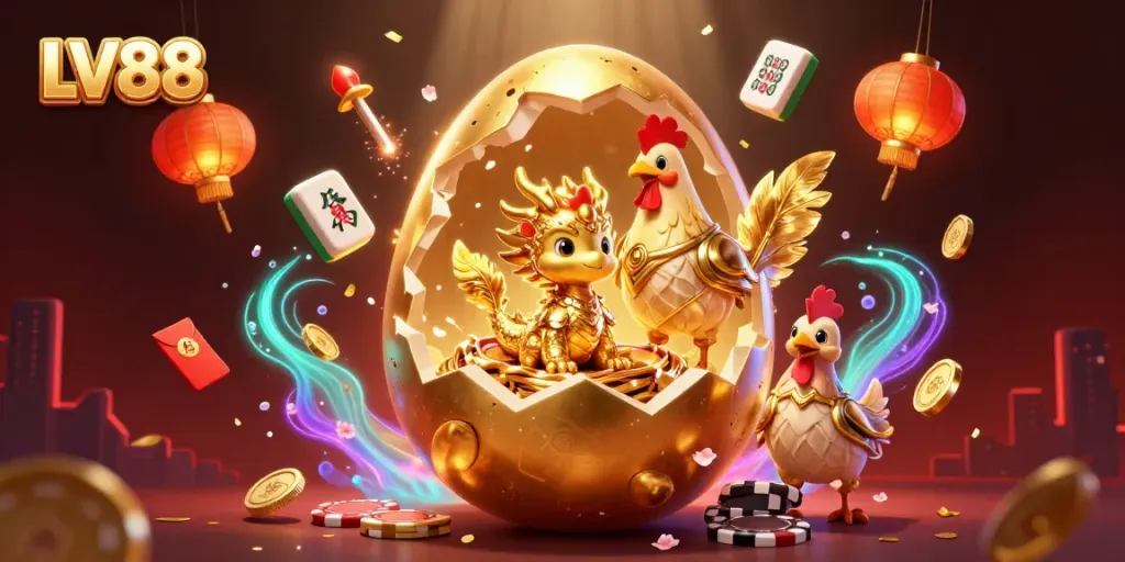LV88 showcases a baby dragon emerging from a golden egg amidst poker chips, embodying a dynamic casino atmosphere.