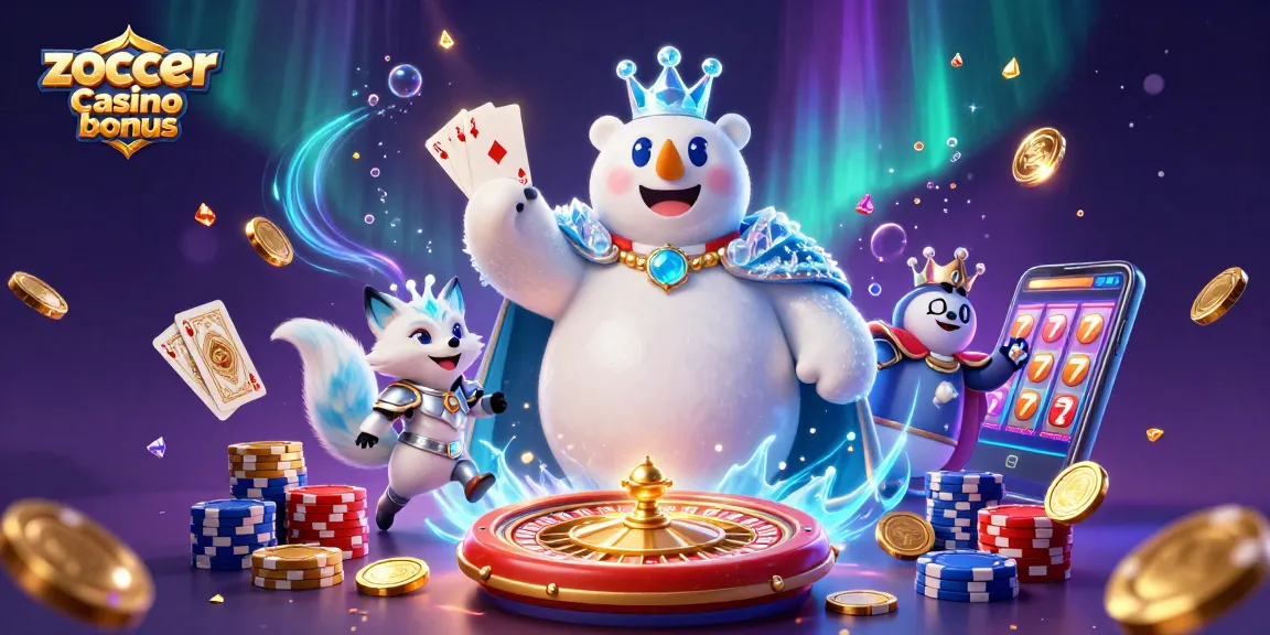 Zoccer casino bonus showcases a polar bear and fox amid gold coins and game elements, embodying luxury gaming.