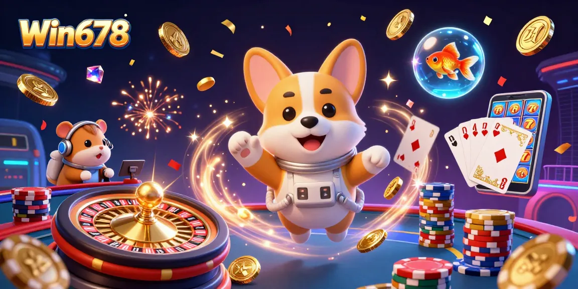 Win678 showcases thrilling adventures in a space station casino filled with floating coins and cards.