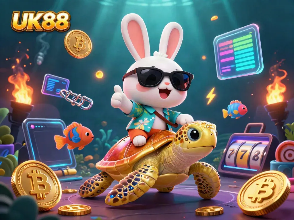 Experience thrilling online gaming with UK88's energetic and vibrant 3D illustration featuring a lucky rabbit and golden turtle.