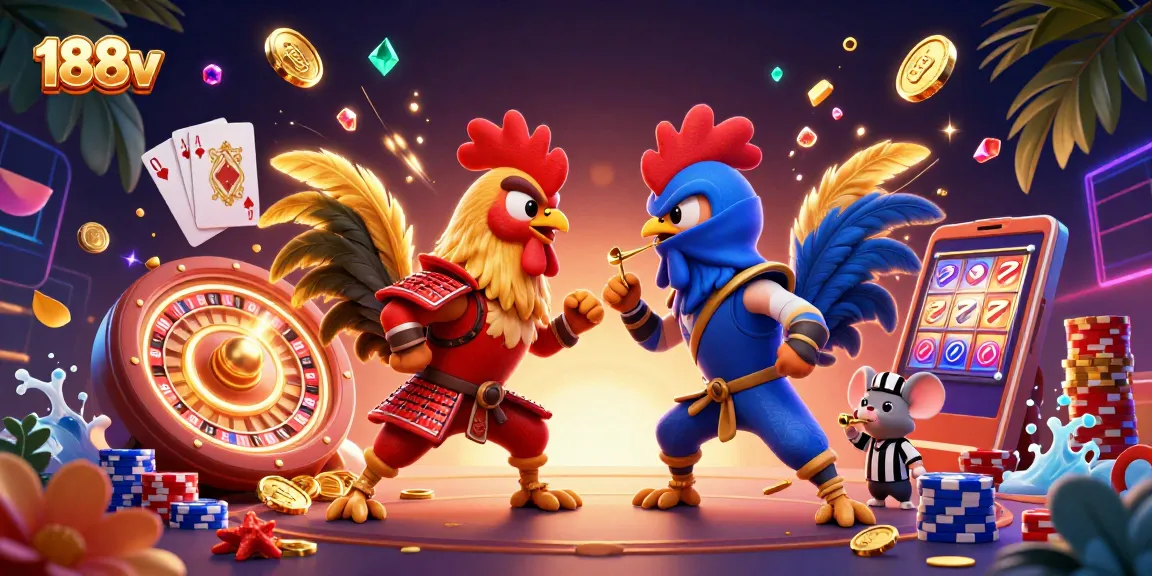 Engage with 188v in a thrilling rooster battle surrounded by casino elements.