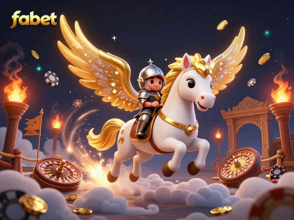 Join the action at fabet, where a celestial knight rides to victory amidst swirling gold coins and roulette.