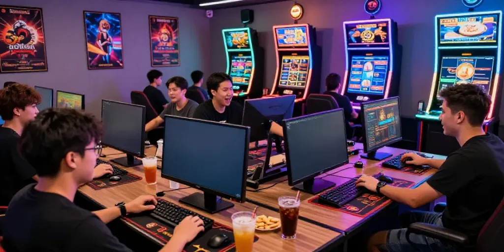 Dewacash Asia online gambling scene with players engaging in digital games in a vibrant lounge.