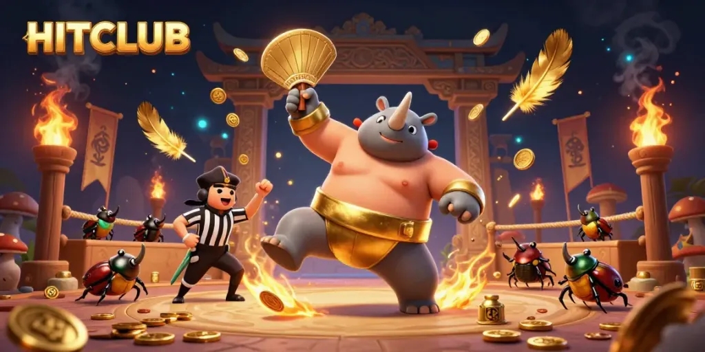 Experience the excitement of HITCLUB as the sumo champion beetle stomps, sending coins flying amidst a lively casino arena.