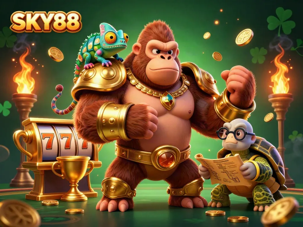 Engage with thrilling SKY88 casino action featuring a golden gorilla king, chameleon companion, and a wise tortoise.