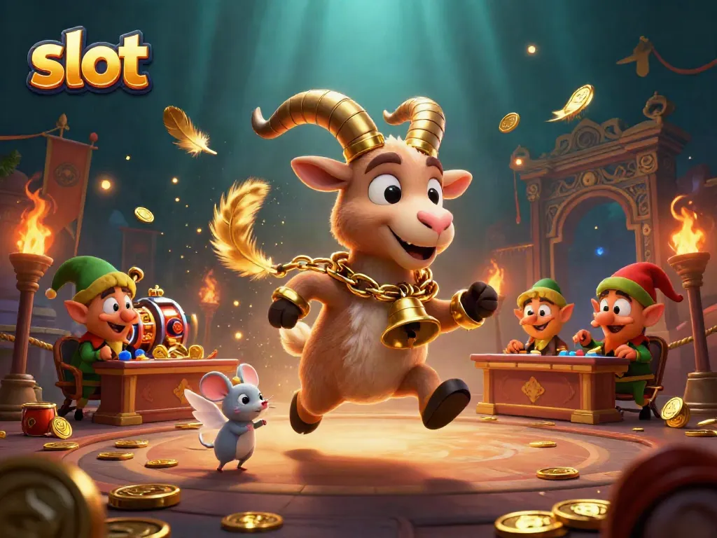 Engaging scene of a festive casino with a Krampus goat, angel mouse, and elf gremlins amidst slot reels.