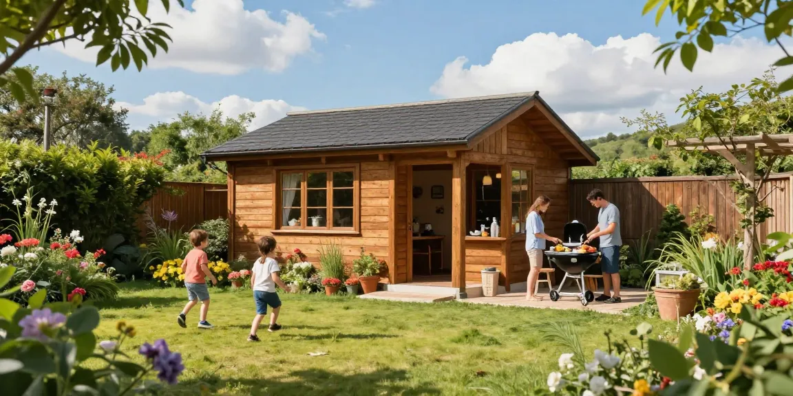 Gartenhaus Holz im Sonnenlicht, umgeben von bunten Blumen und einer spielenden Familie im Garten.