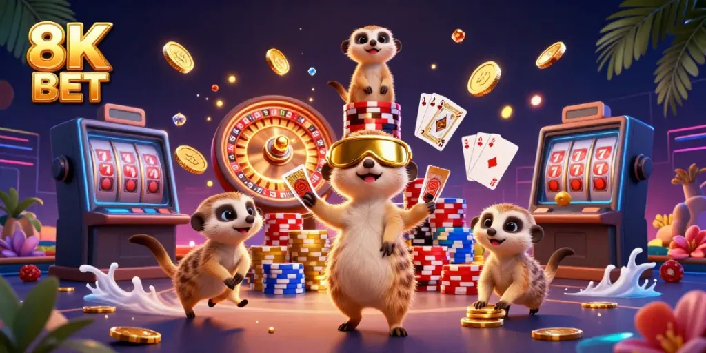 Experience the excitement of 8K BET with a lively casino scene featuring meerkats, coins, and gaming elements.