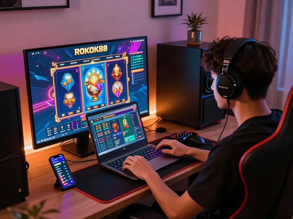 Gamer enjoying the ROKOK88 slot game on a vibrant setup with laptop, colorful graphics, and gaming peripherals.