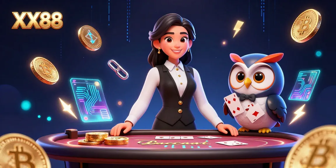 Spin the baccarat table with XX88's elegant dealer and vibrant crypto elements in a dynamic casino scene.
