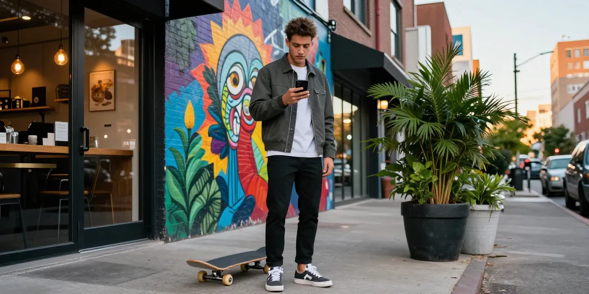 Männliche Instagram Follower kaufen durch trendige, urbane Streetstyle-Atmosphäre, junger Mann mit Smartphone und Skateboard.