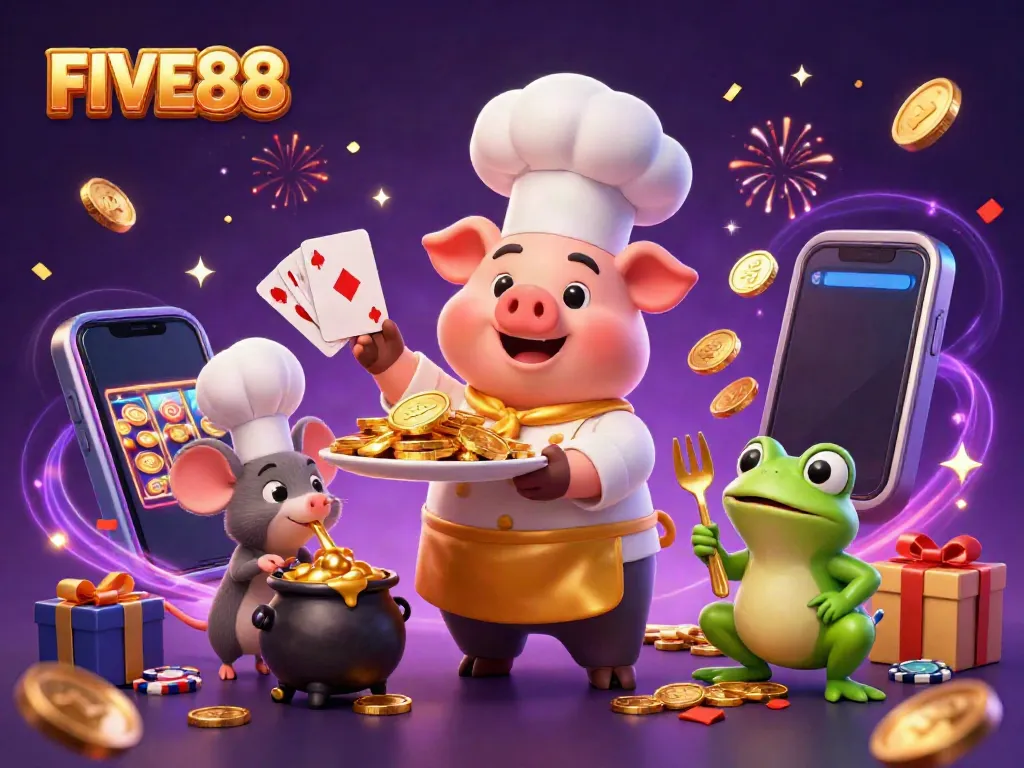 Experience gaming excitement with FIVE88's lively characters and dynamic casino elements.