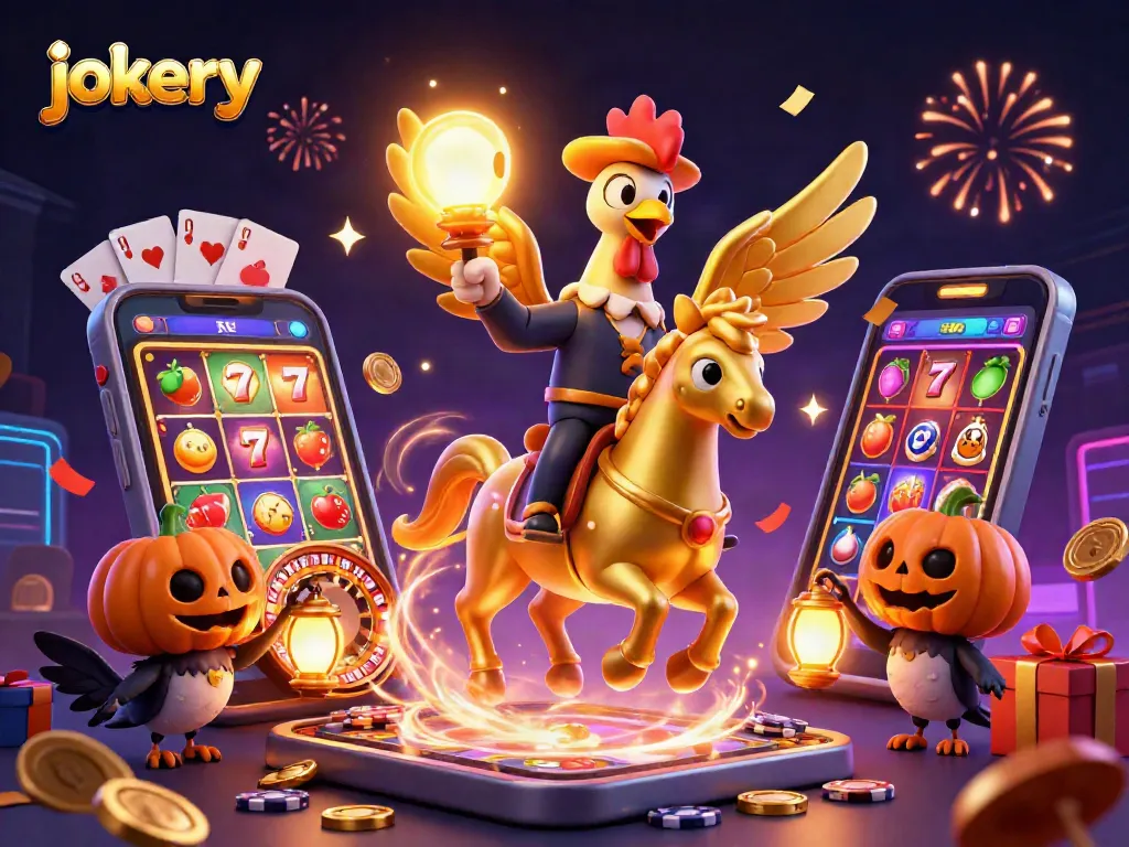 Experience the vibrant excitement of Jokery Casino with a dynamic illustration capturing gaming thrills.