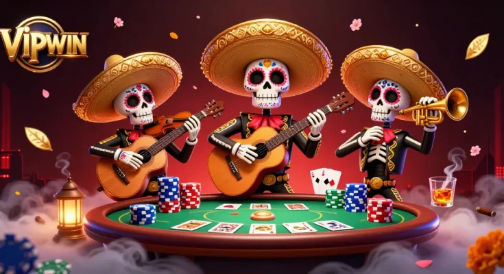 Experience the vibrant world of VIPWIN with a lively mariachi band over an exciting poker scene.