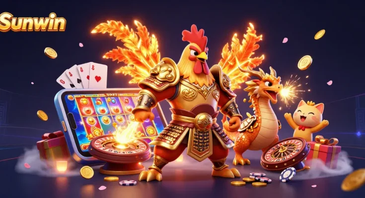 Experience thrilling gameplay at Sunwin, featuring a dynamic warrior scene with game elements.