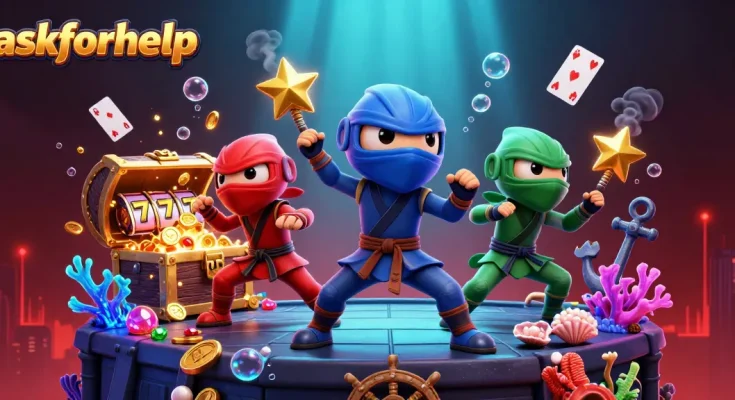 Boost your gaming skills with this lively askforhelp illustration featuring vibrant chameleons and casino elements.