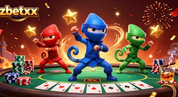 Engage with thrilling gameplay at zbetxx as ninja chameleons unleash dynamic poker action amidst vibrant casino elements.