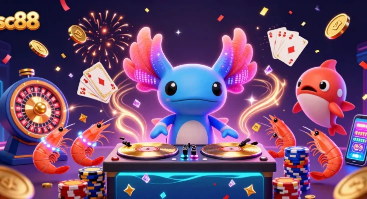 Experience thrilling moments at sc88 with a vibrant 3D casino party illustration featuring lively characters and casino elements.