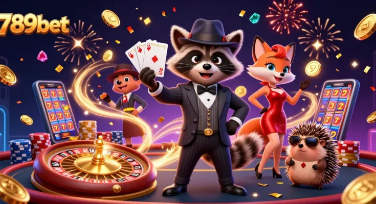 Engage with 789bet's thrilling casino experience featuring a royal flush and dynamic characters.