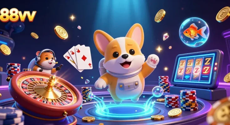 Engage with 88vv's space casino excitement featuring playful characters and vibrant gambling elements
