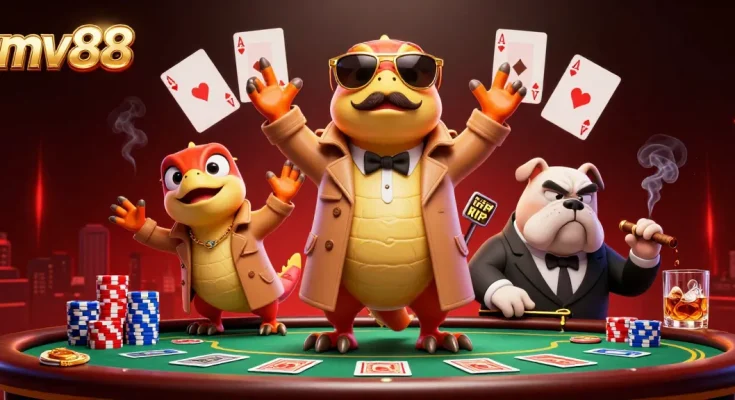 Experience MV88's thrilling VIP lounge with cartoon raptors and a bouncer in a lively casino scene.
