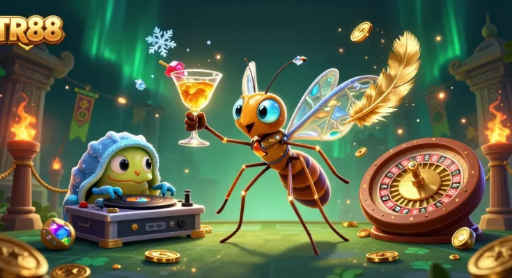 Experience TR88 with vibrant 3D casino characters, a golden roulette wheel, and dynamic gaming elements.