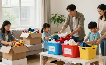Entrümpelungs-Kundenservice beim Organisieren eines Wohnzimmers mit einer Familie, die alte Gegenstände sortiert.